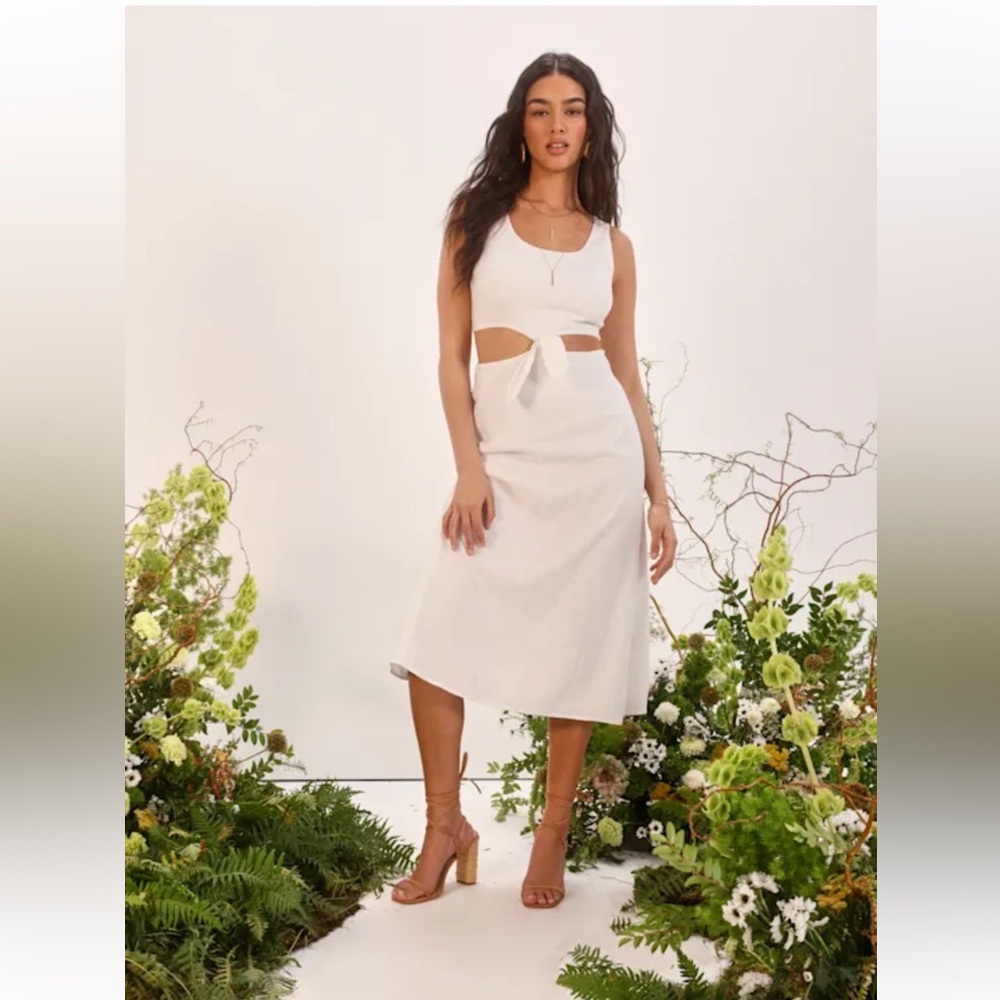 Lulus Stun All Summer White Linen Cutout Tie-Front Midi Dress